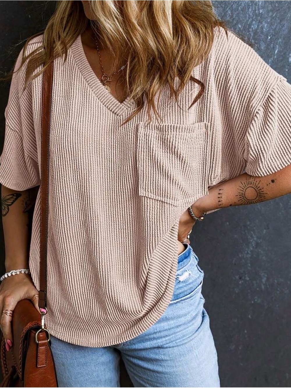 Waffle Knit V-Neck Pocket Top